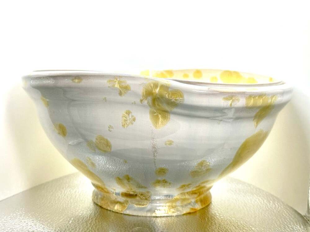Pearl White & Yellow Crystalline Bowl Signed T Rivera Art Pottery